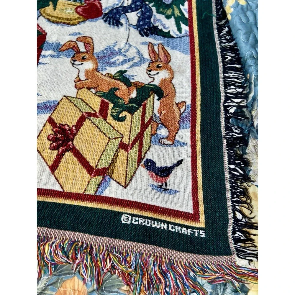 Vintage Crown Crafts Snowman Christmas Woven Tapestry Blanket Throw Holiday EUC